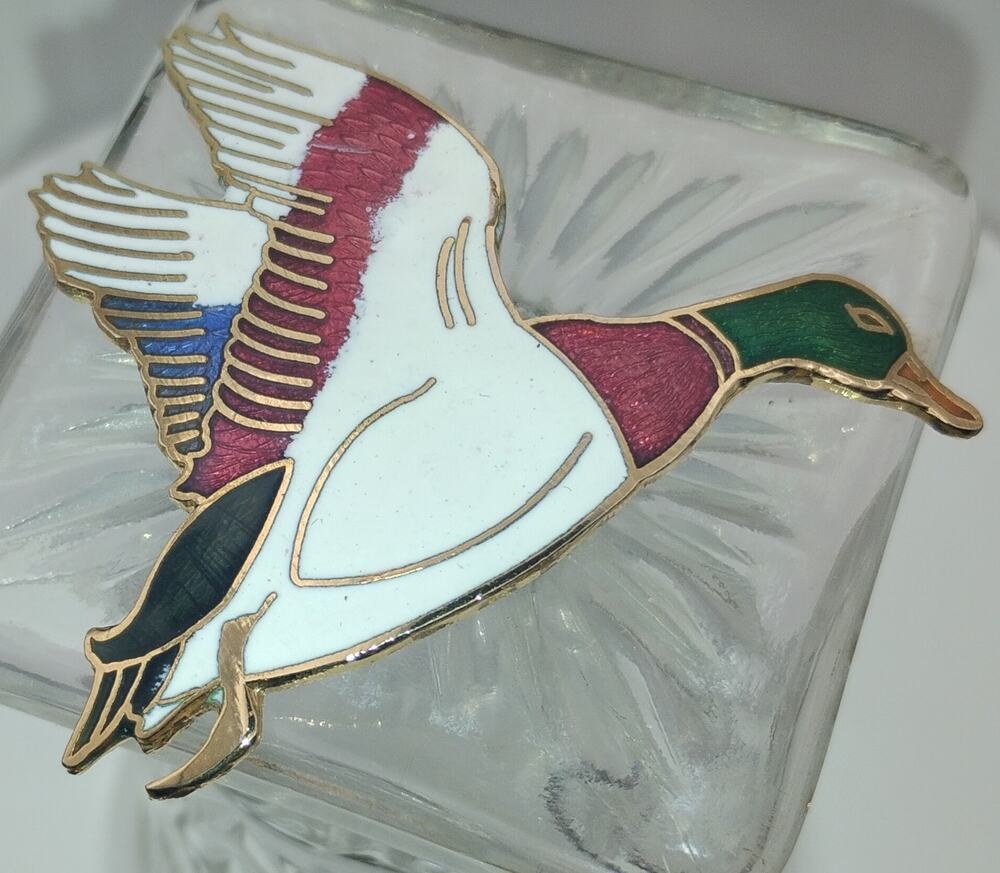 Vintage Flying Mallard Duck Cloisonné Enamel Brooch Pin Gold Tone